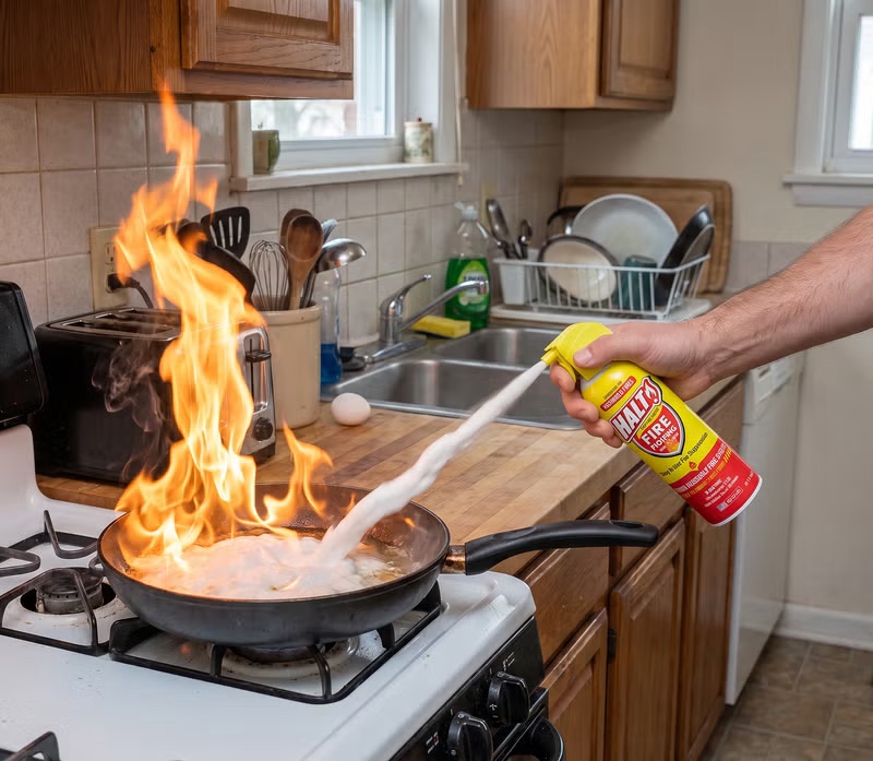 HALT Fire Spray being used near a kitchen fire